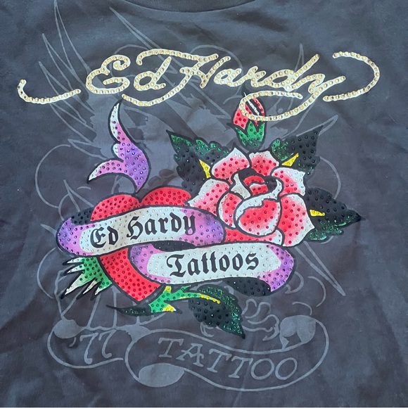 BNWT Ed Hardy Tattoo Rose Graphic Crop T-Shirt Grey Rhinestone Y2K Size M - Picture 3 of 8
